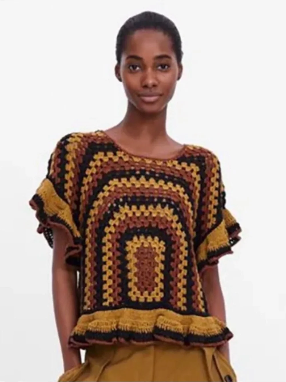 Zara Crochet Boxy knit top in Black, Mustard & Brown